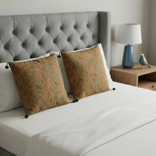 Eco-Friendly Upcycled Brown Saree Cushion Cover 16 x 16 Inch Pack of 2