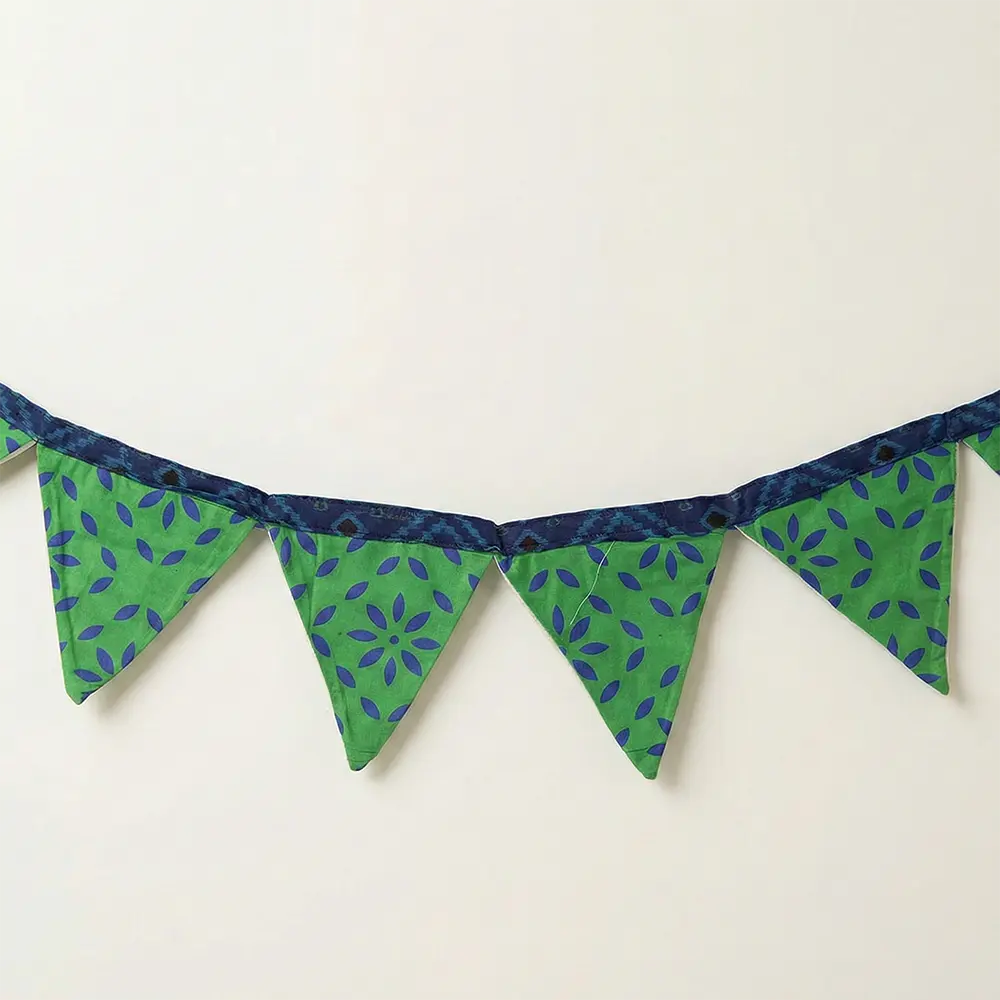 Upcycled Fabric Pennant – Cloth Pataka - Green with blue print