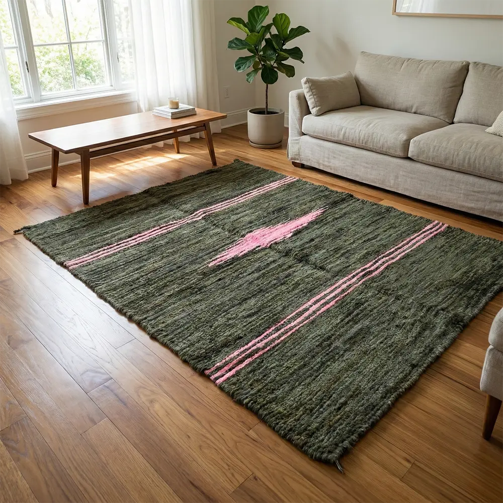 Upcycled Carpet - Dark Green Shag with Rose Pink Stripes