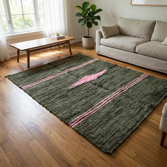 Upcycled Carpet - Dark Green Shag with Rose Pink Stripes