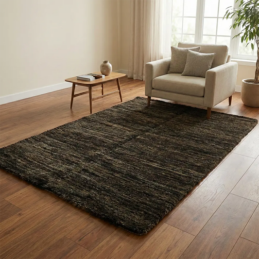 Upcycled Carpet - Dark Grey, Black, and Tan Woven Shag