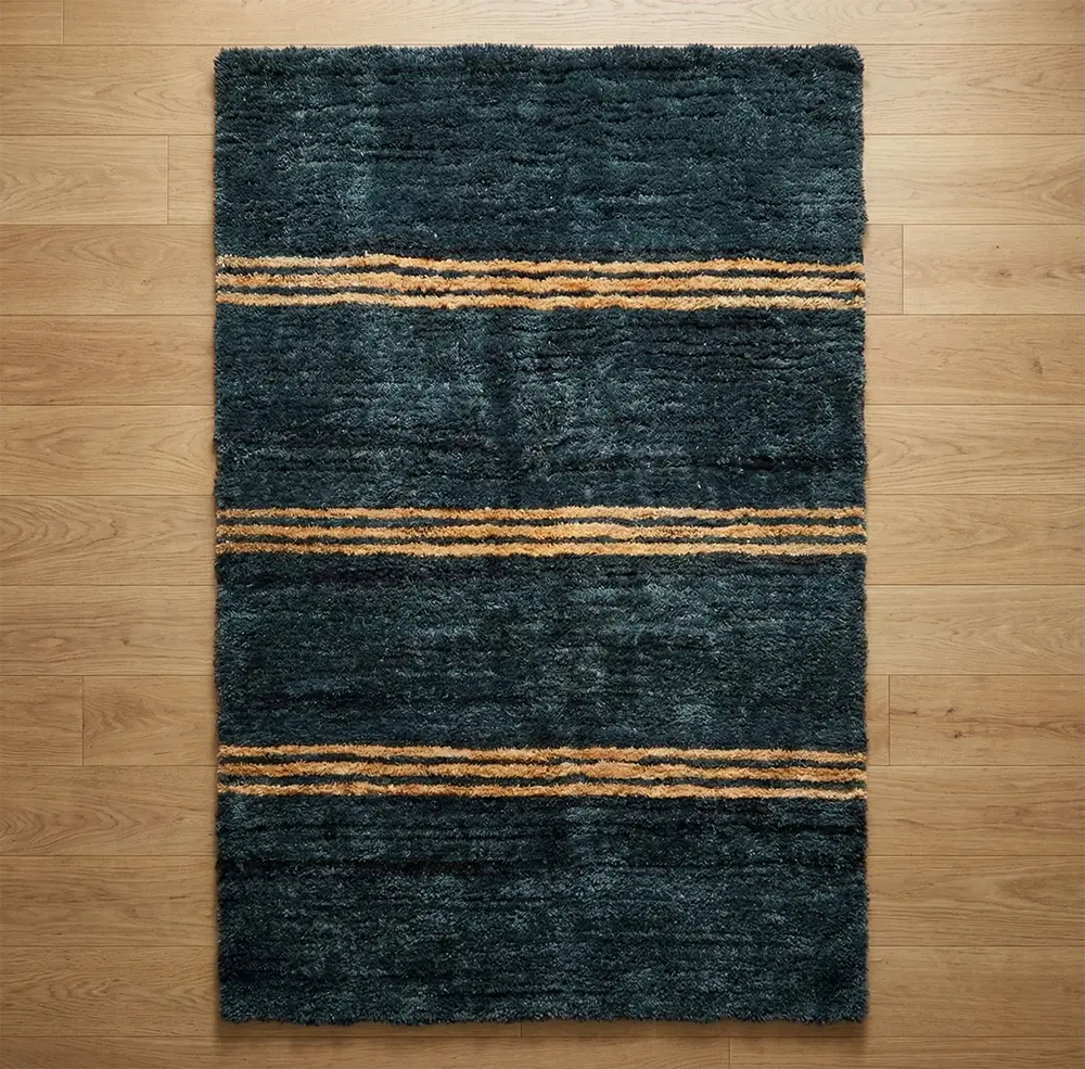 Upcycled Carpet - Dark Teal Shag with Three Tan Stripes