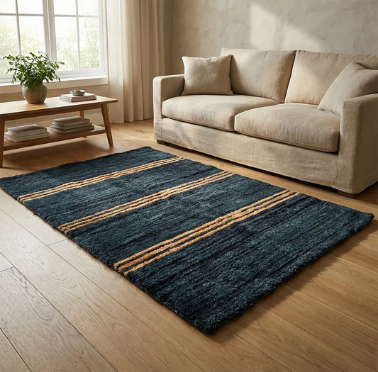 Upcycled Carpet - Dark Teal Shag with Three Tan Stripes