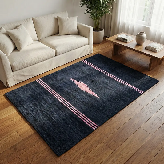 Upcycled Carpet - Charcoal Woven Rug with Pale Pink Stripes