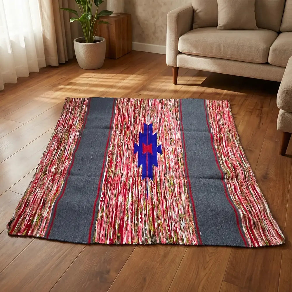 Upcycled Carpet - Vibrant Red and Gray Vertical Striped Rug