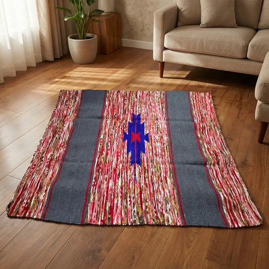 Upcycled Carpet - Vibrant Red and Gray Vertical Striped Rug