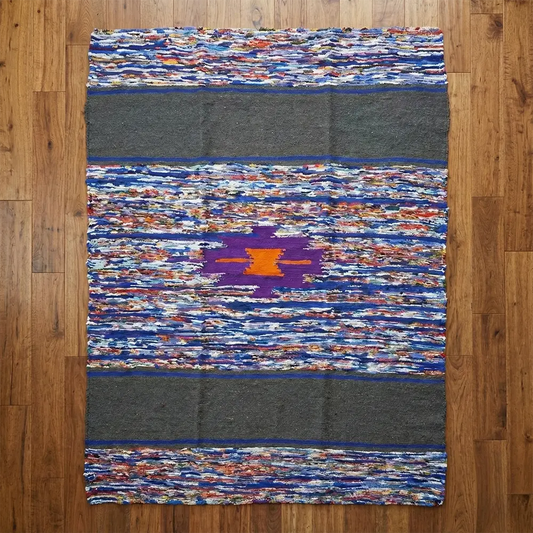 Upcycled Carpet - Multi-Color Striped Rag Rug with Charcoal Gray Bands