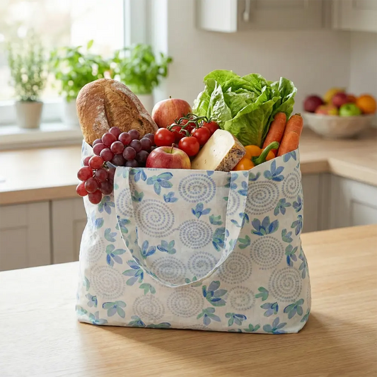 Vegetable Cloth Bag - Light Blue and Teal Floral Swirl Print