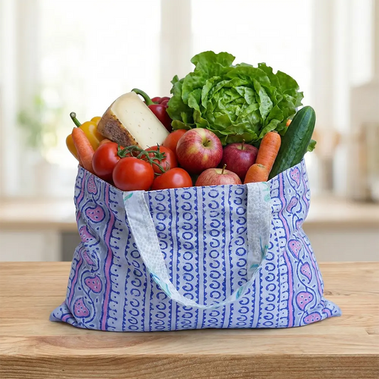 Vegetable Cloth Bag - Blue and Pink Traditional Print Tote