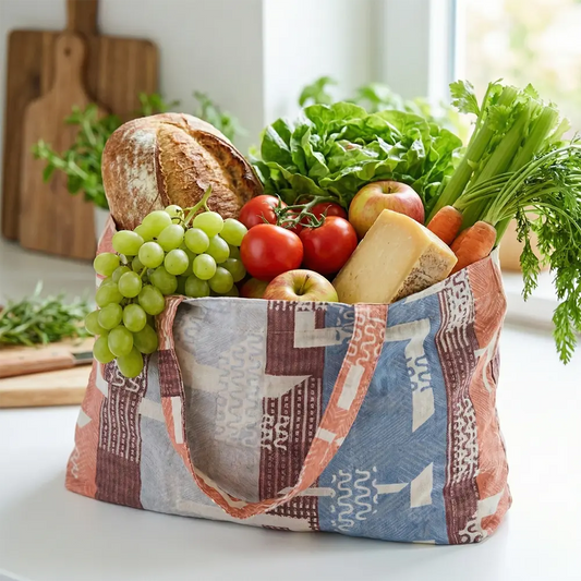 Vegetable Cloth Bag - Red-Brown and Blue Block-Print Market Bag