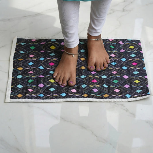 Handcrafted Upcycled Asan Meditation Mat & Doormat - Black Background Colorful Diamond Shape Design