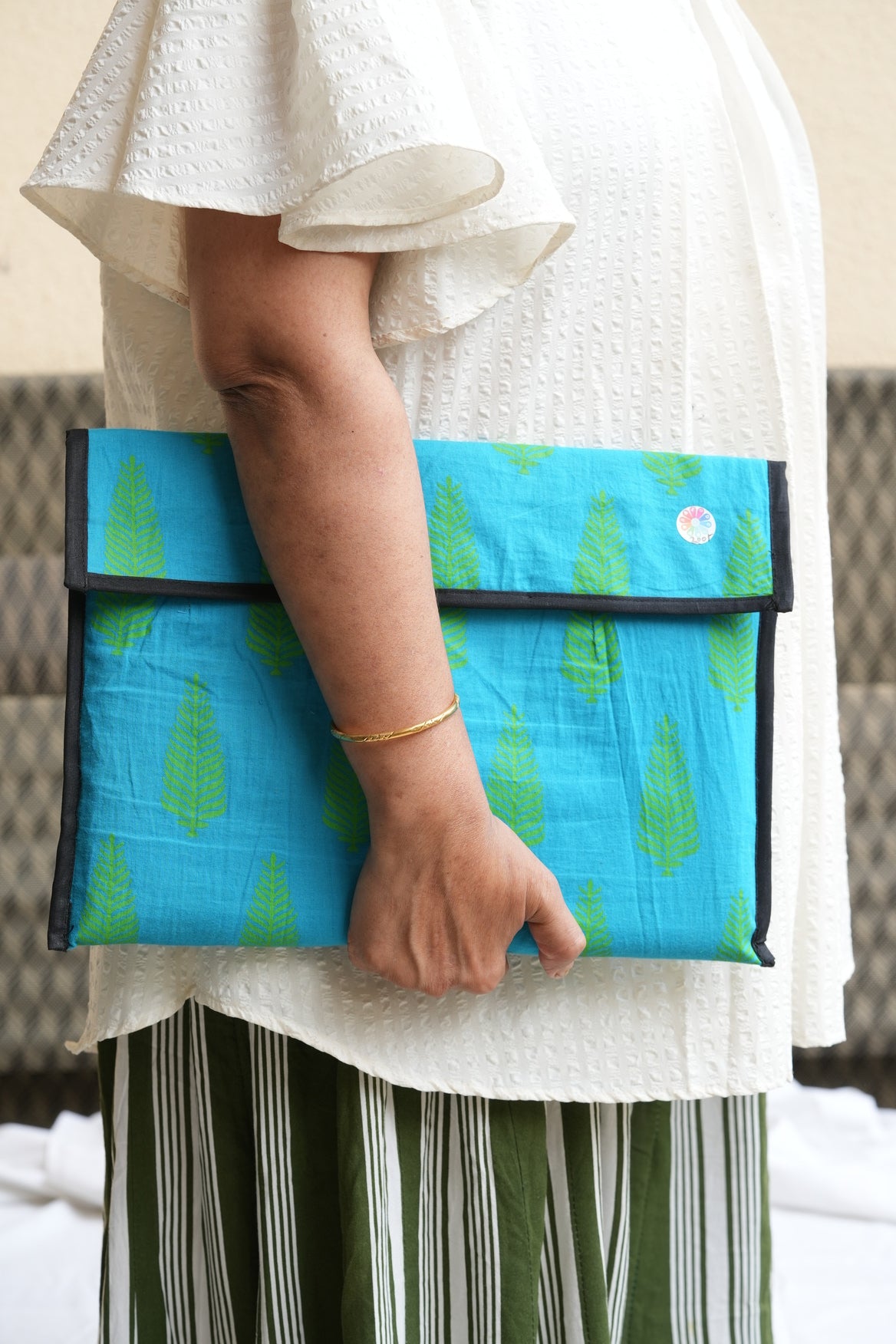 Upcycled Fabric Folder - Teal Background with Lime Green Leaf Pattern