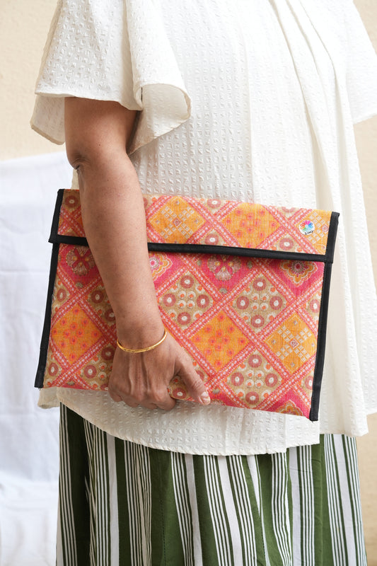 Upcycled Fabric Folder - Laptop Cover - Orange Batik with Cream Leaf Pattern and Black Trim
