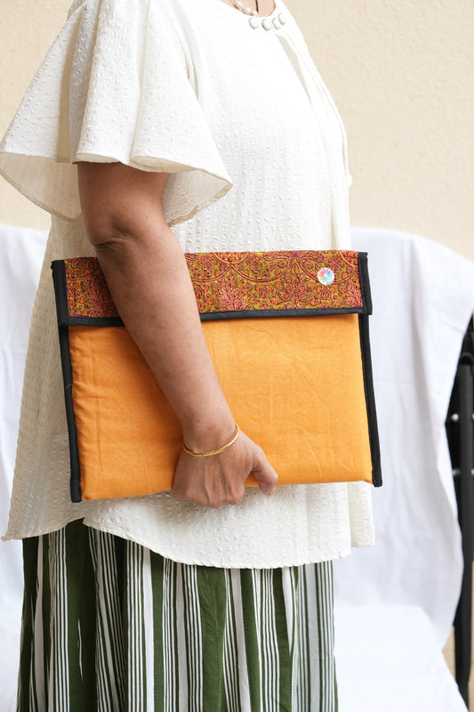 Upcycled Fabric Folder - Laptop Cover Forest green and brown striped texture