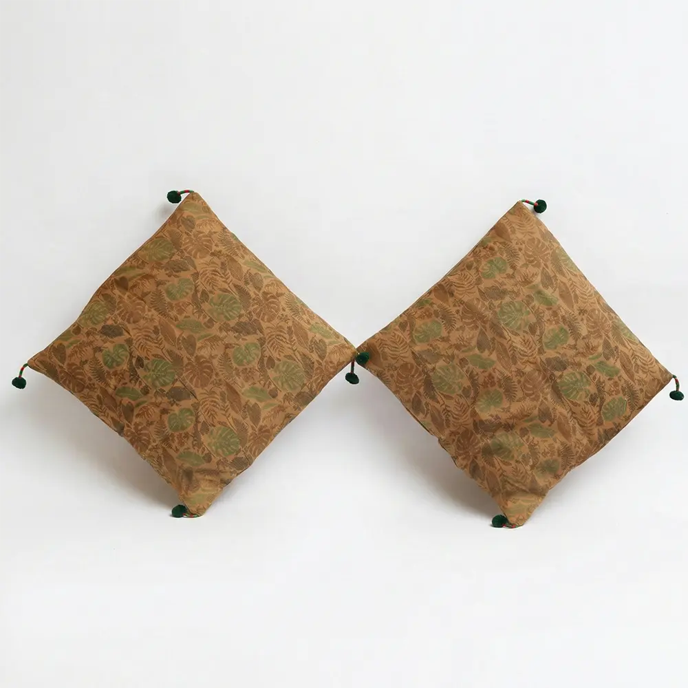 Eco-Friendly Upcycled Brown Saree Cushion Cover 16 x 16 Inch Pack of 2