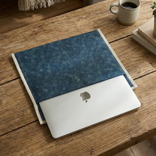 Upcycled Fabric Folder - Laptop Cover Navy blue fabric with white geometric print