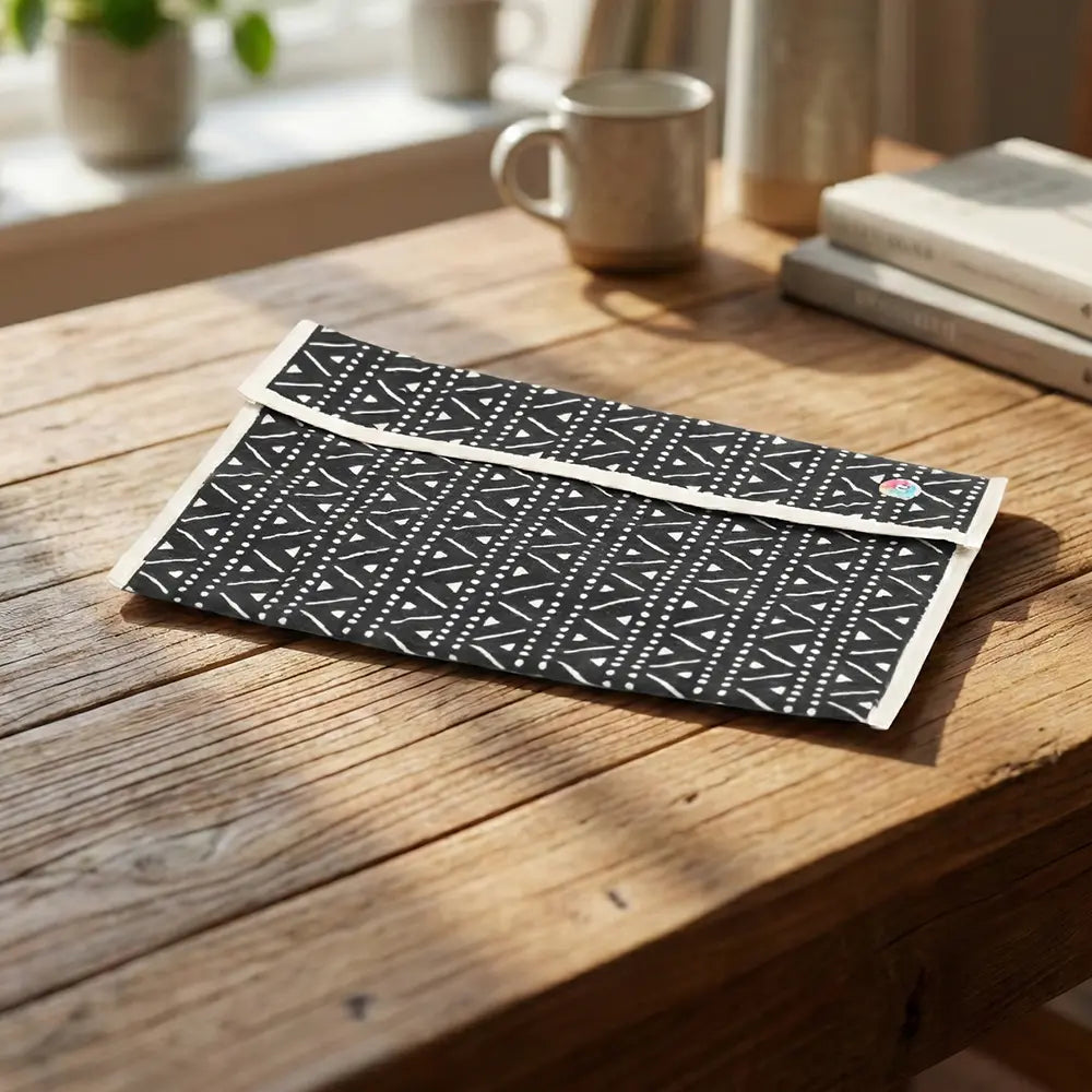 Upcycled Fabric Folder - Laptop Cover - Geometric print in black and white, featuring a secure leather strap closure