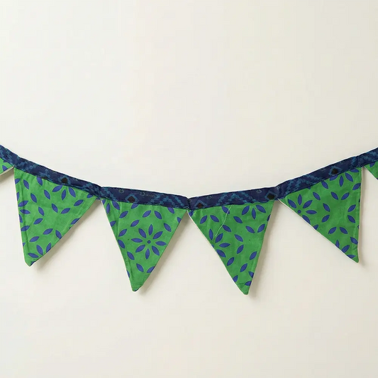 Upcycled Fabric Pennant – Cloth Pataka - Green with blue print