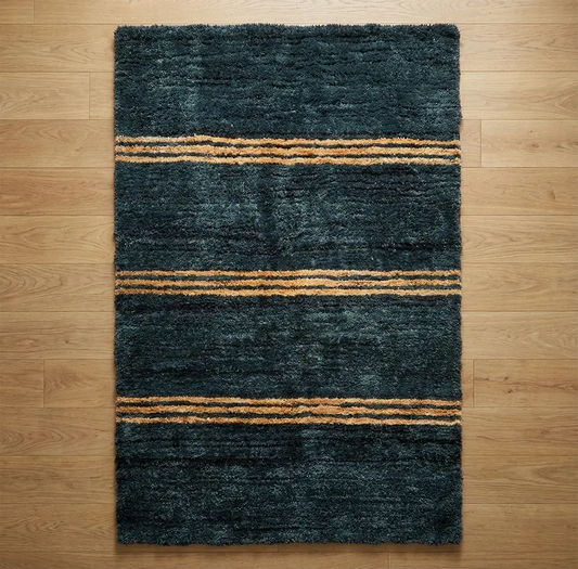 Upcycled Carpet - Dark Teal Shag with Three Tan Stripes