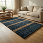 Upcycled Carpet - Dark Teal Shag with Three Tan Stripes