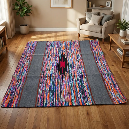 Upcycled Carpet - Bold Red, Blue, and Orange Recycled Textile Mat