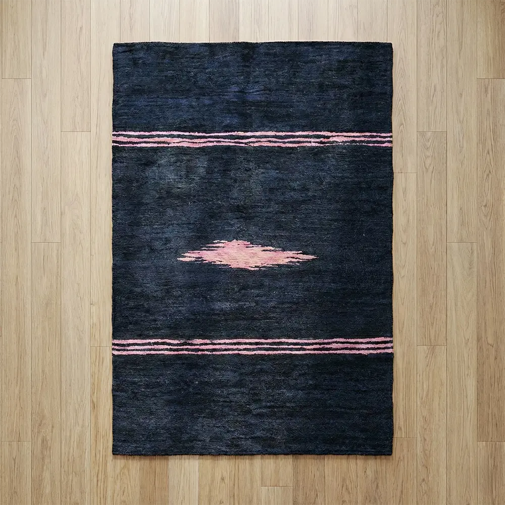 Upcycled Carpet - Charcoal Woven Rug with Pale Pink Stripes
