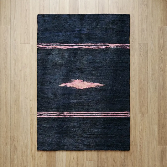 Upcycled Carpet - Charcoal Woven Rug with Pale Pink Stripes