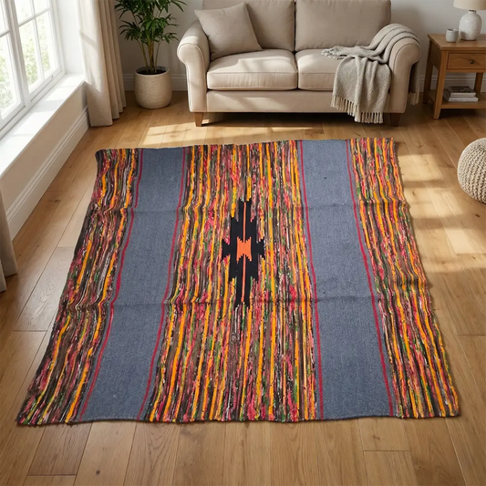 Upcycled Carpet - Bold Multi-Color Rag Weave with Central Black Motif