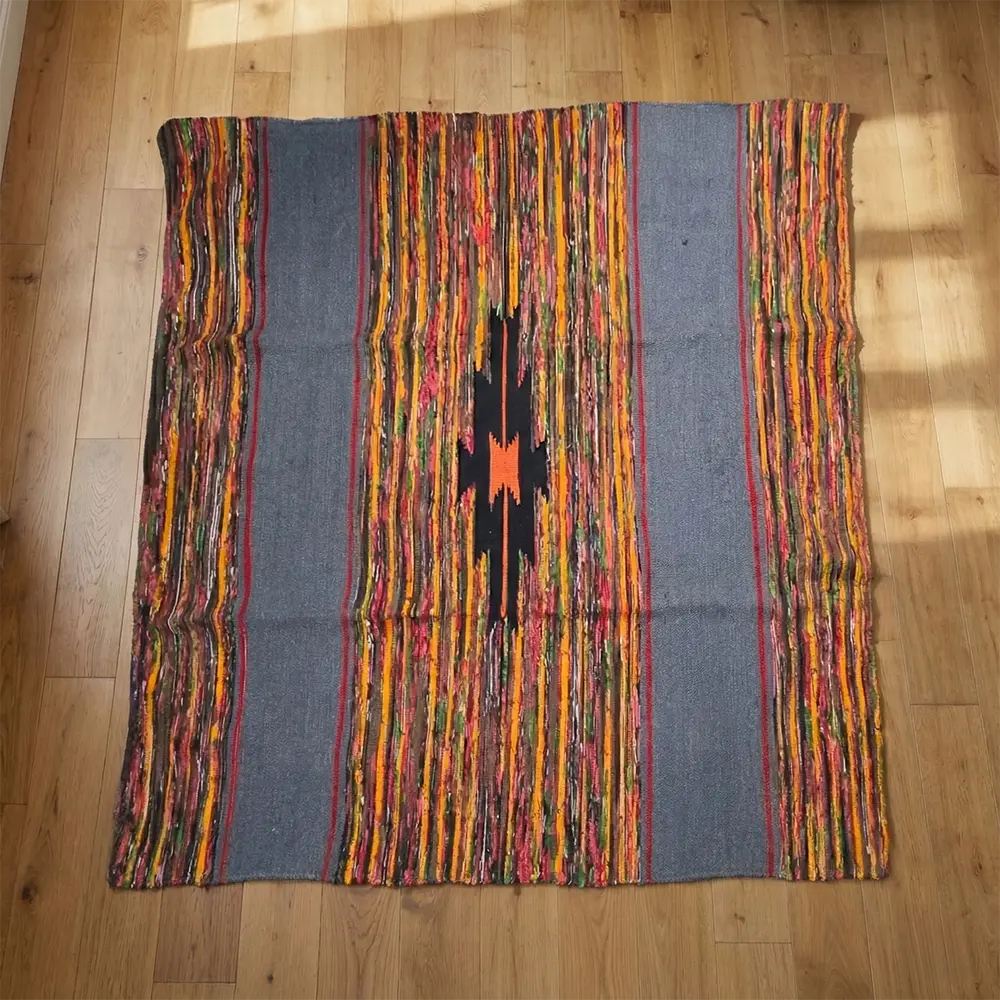 Upcycled Carpet - Bold Multi-Color Rag Weave with Central Black Motif