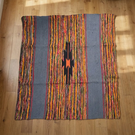 Upcycled Carpet - Bold Multi-Color Rag Weave with Central Black Motif