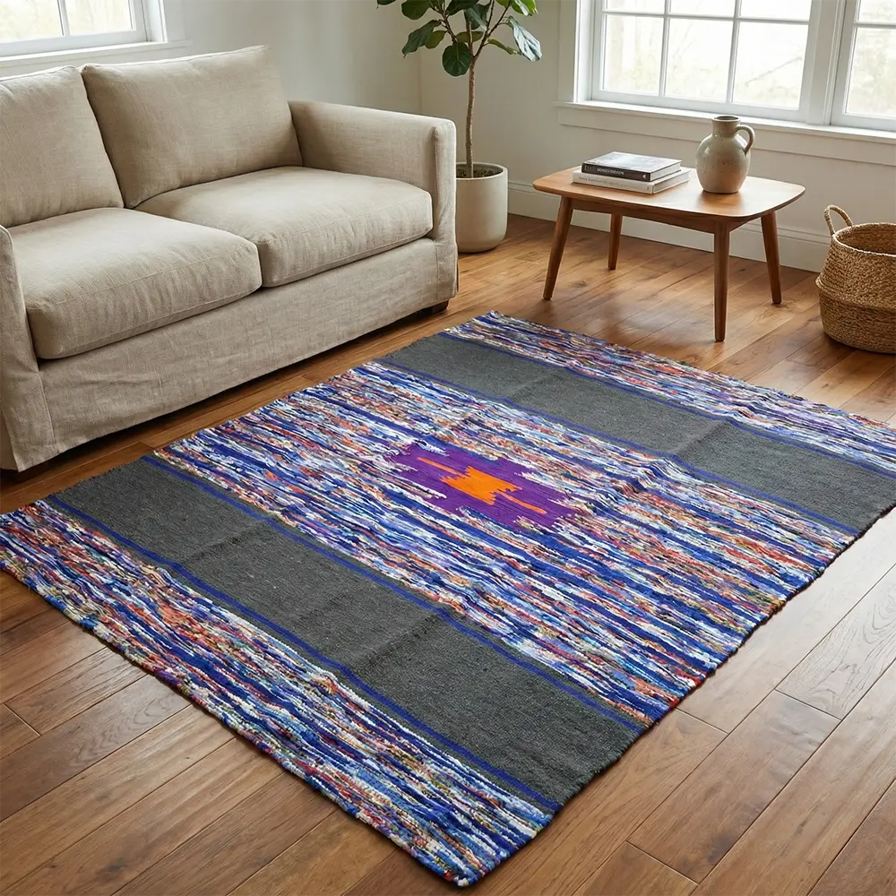 Upcycled Carpet - Multi-Color Striped Rag Rug with Charcoal Gray Bands