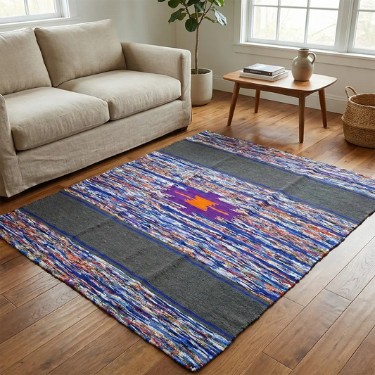 Upcycled Carpet - Multi-Color Striped Rag Rug with Charcoal Gray Bands