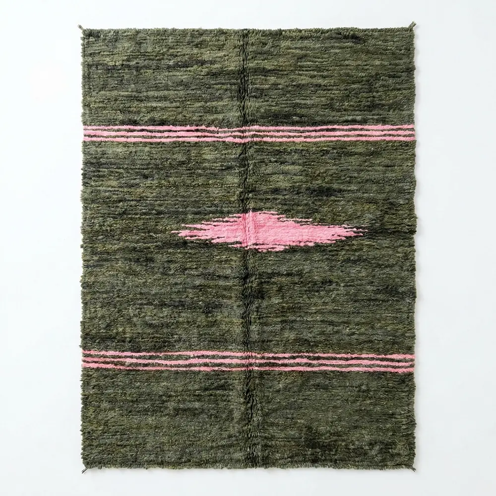 Upcycled Carpet - Dark Green Shag with Rose Pink Stripes