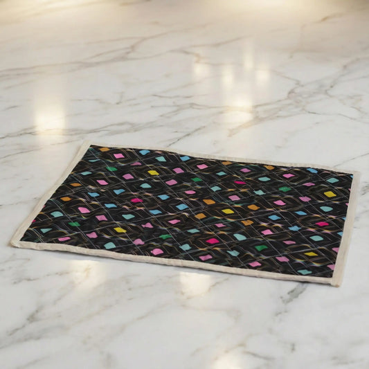 Handcrafted Upcycled Asan Meditation Mat & Doormat - Black Background Colorful Diamond Shape Design