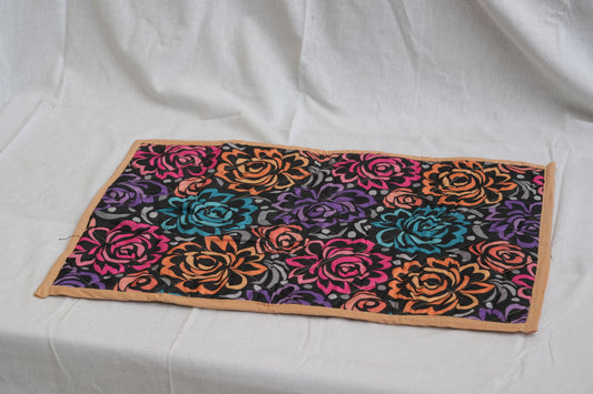Handcrafted Upcycled Asan Meditation Mat & Doormat - Colorful roses print on black background