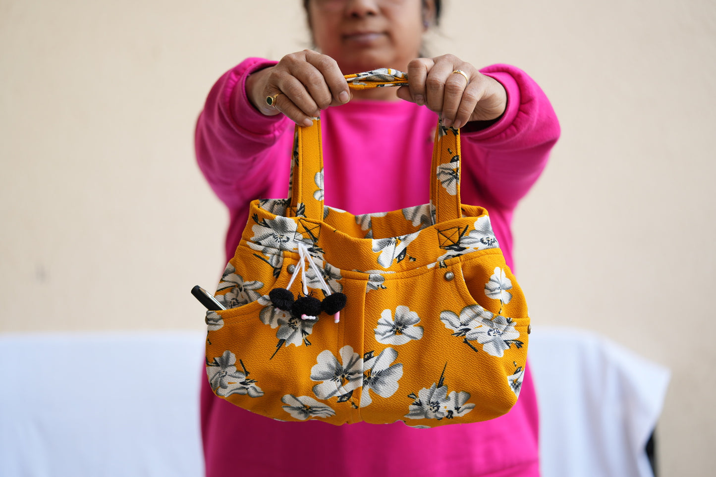 Stylish Upcycled Track Pants Handbag Tuemric yellow Flower bags