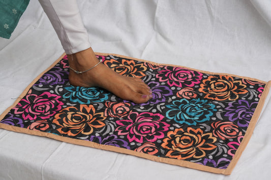 Handcrafted Upcycled Asan Meditation Mat & Doormat - Colorful roses print on black background