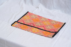Upcycled Fabric Folder - Laptop Cover - Orange Batik with Cream Leaf Pattern and Black Trim